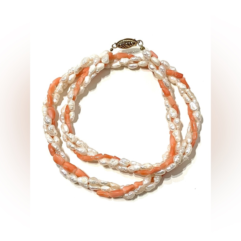 Rice Pearl Salmon Coral Twist Necklace Gold Filled Clasp 16”
